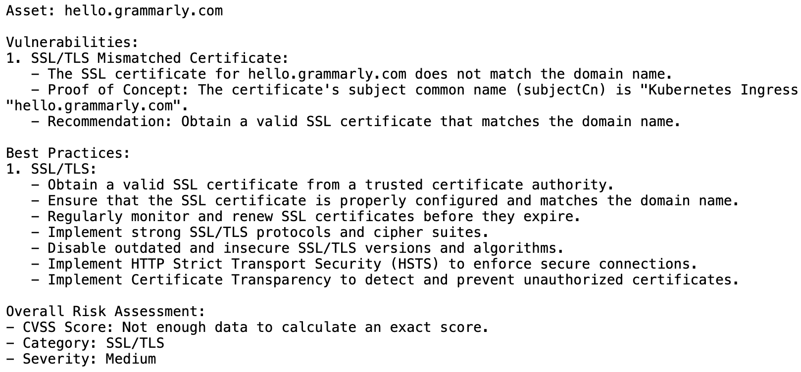 Extended risk assessment page screenshot